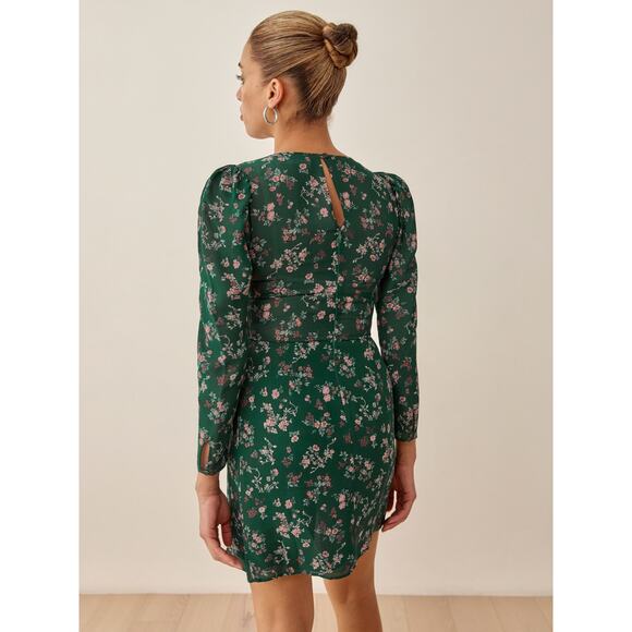 Reformation Juni Emilia Green Floral Print Long Sleeve Mini Dress Size 10 NWT - Picture 3 of 8